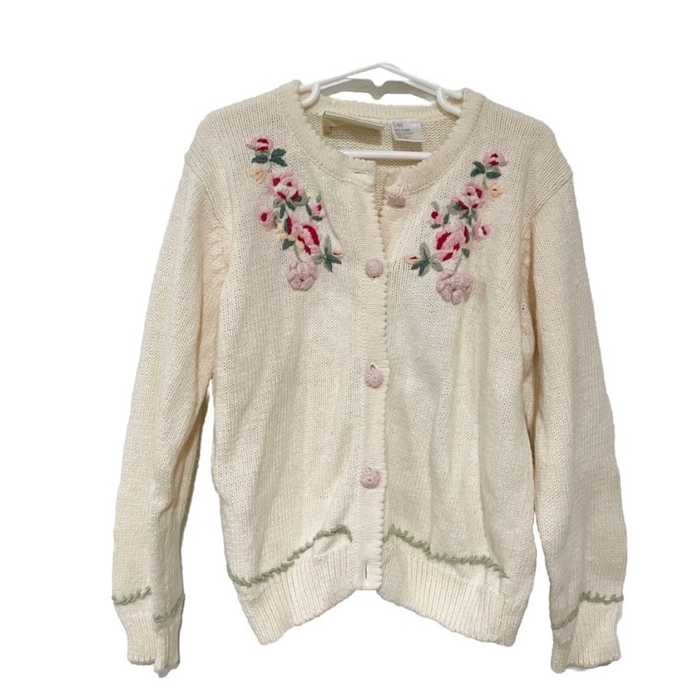Vintage Handknit Floral Toddler Embroidered Cardigan Size 6
